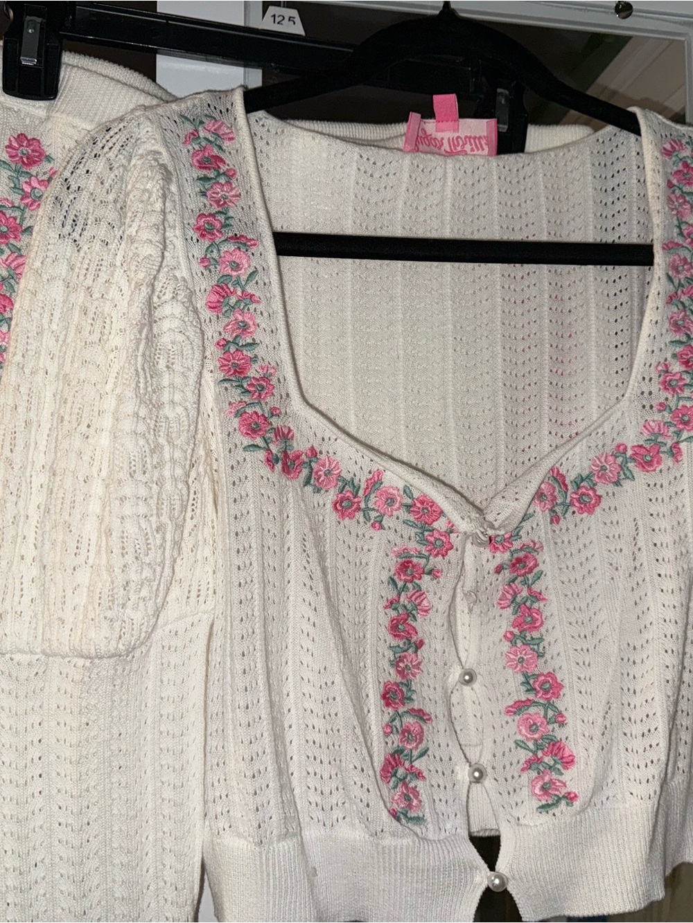 Sugar Thrillz Cream Knit Cropped Cardigan with Pink Floral Embroidery